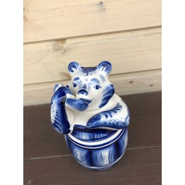 A keg of honey with a bear, Gzhel handmade, porcel..